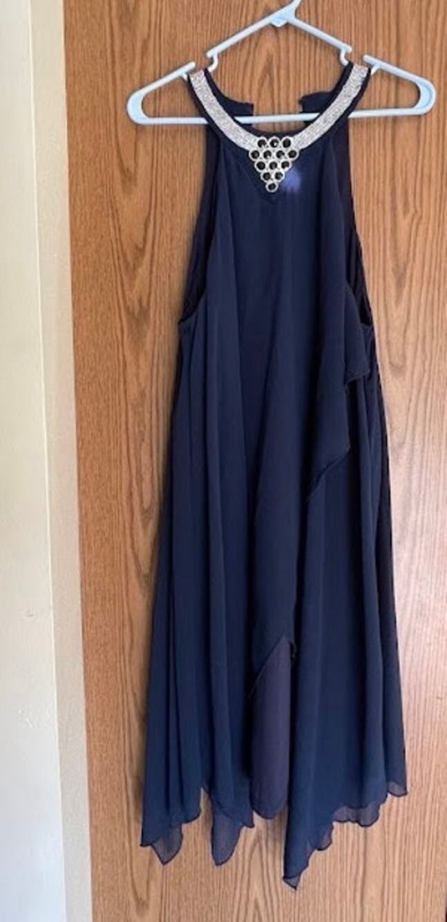 Navy Blue Chiffon Halter Neck Cocktail Dress Rhinestone Collar Handkerchief Hem